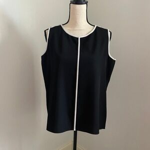 Calvin Klein Sleeveless Button Shoulder Blouse‎ Large Black White Piping Career